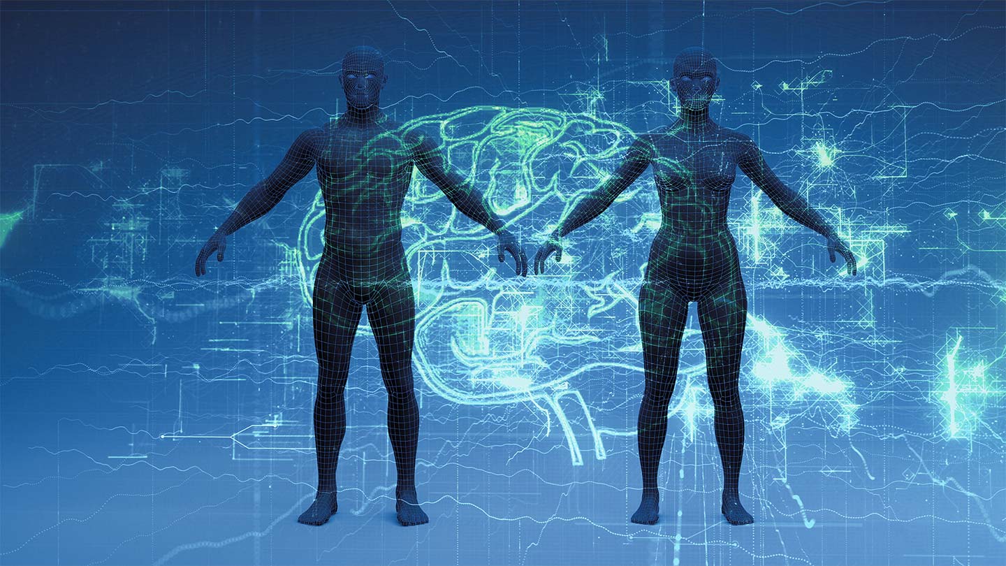 Futuristic brain with man and woman