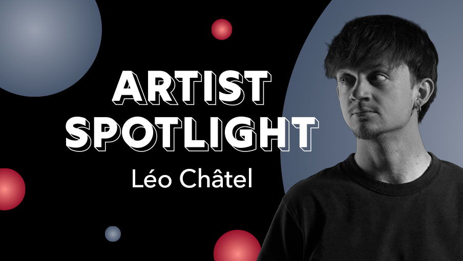 Artist Spotlight: Léo Châtel black and white portrait on black background with colored spotlights