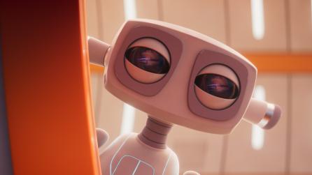A 3D animated robot peers around a corner in a still from short film Alone